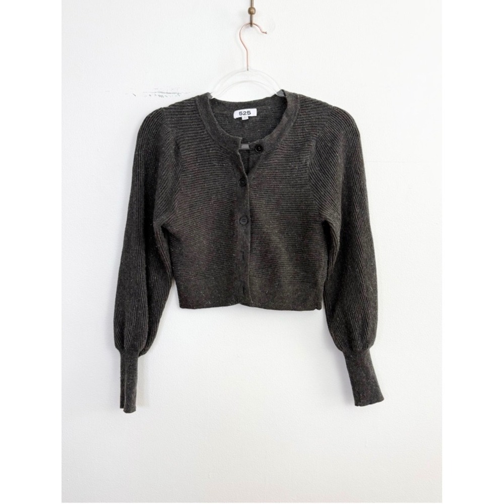 525 America Cropped Ribbed Metallic Cardigan Taupe Puff Sleeve Size Small
